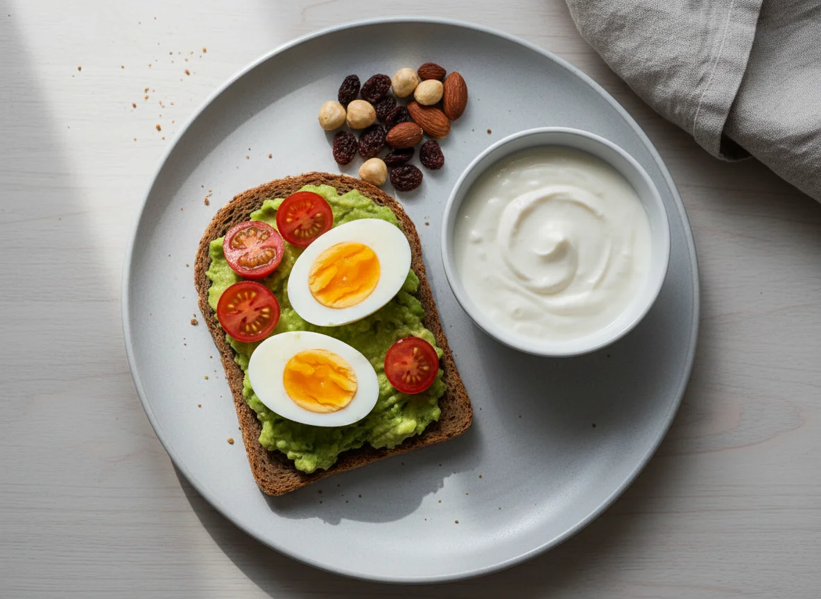 Frühstück mit Avocado-Brot, Eiern, Tomaten und Nüssen photo