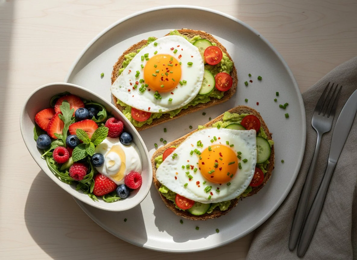 Frühstück mit Avocado-Eier-Toast und Beeren-Salat photo