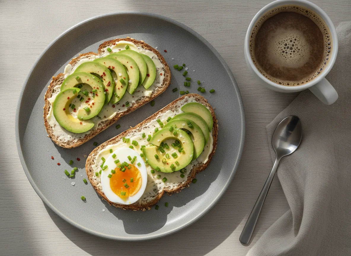 Frühstück mit Avocado-Toast, Ei und Kaffee photo
