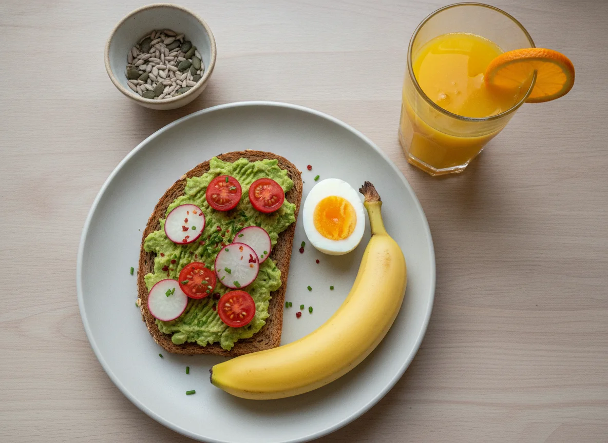 Frühstück mit Avocado-Toast, Eiern, Banane und Orangensaft photo