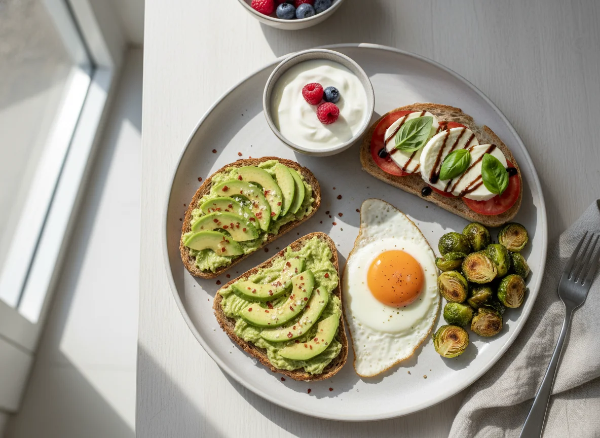 Frühstück mit Avocado-Toast, Mozzarella-Tomaten-Brot, Spiegelei und Rosenkohl photo