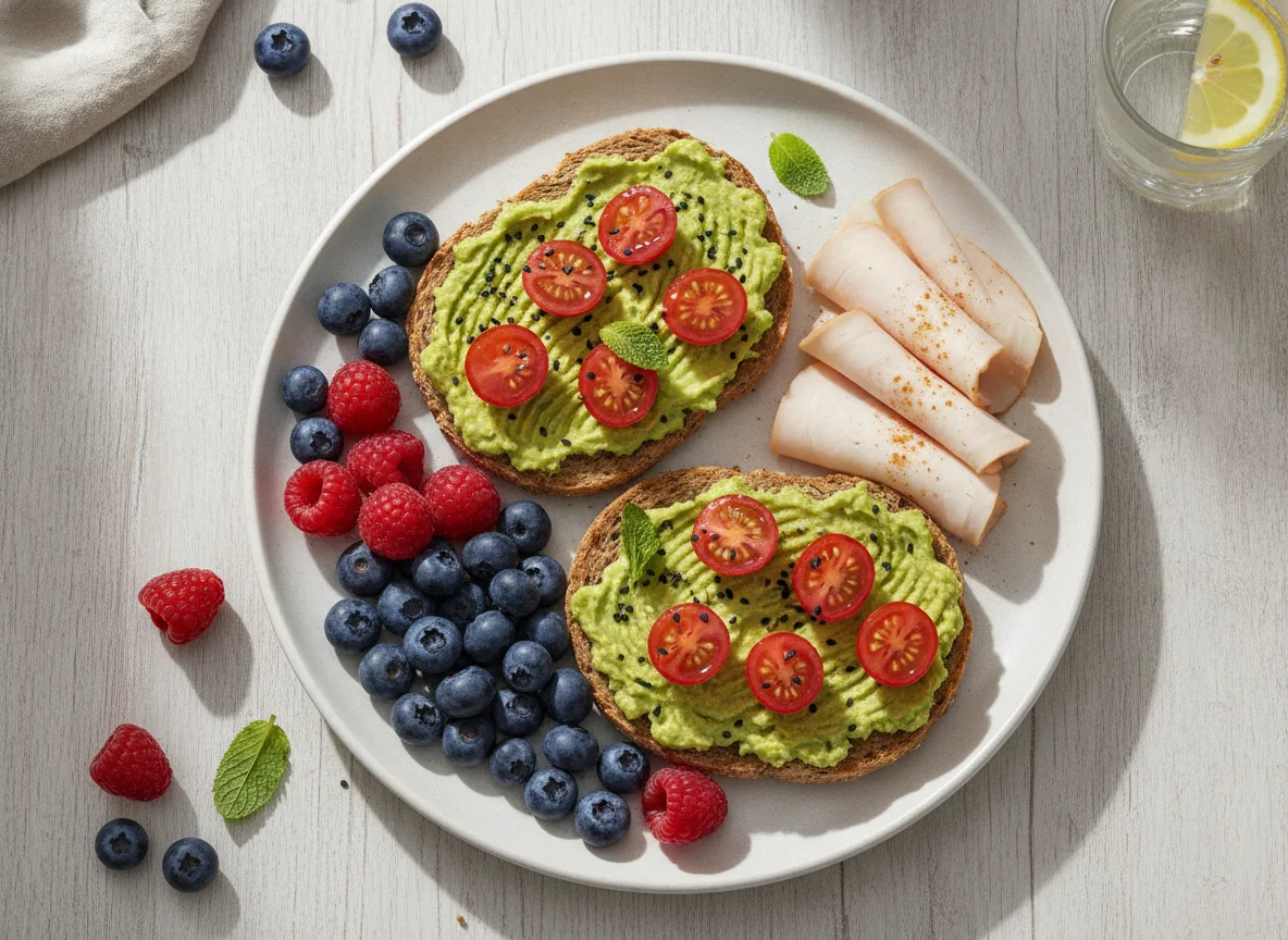 Frühstück mit Avocado-Toast, Putenbrust und Beeren photo