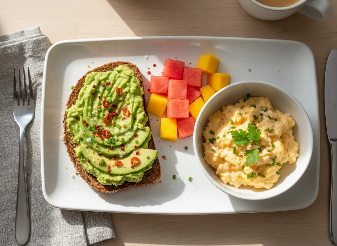Frühstück mit Avocado-Toast, Rührei und Obst photo