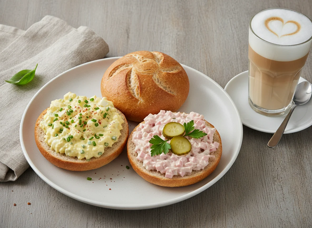 Frühstück mit belegten Brötchen und Latte Macchiato photo