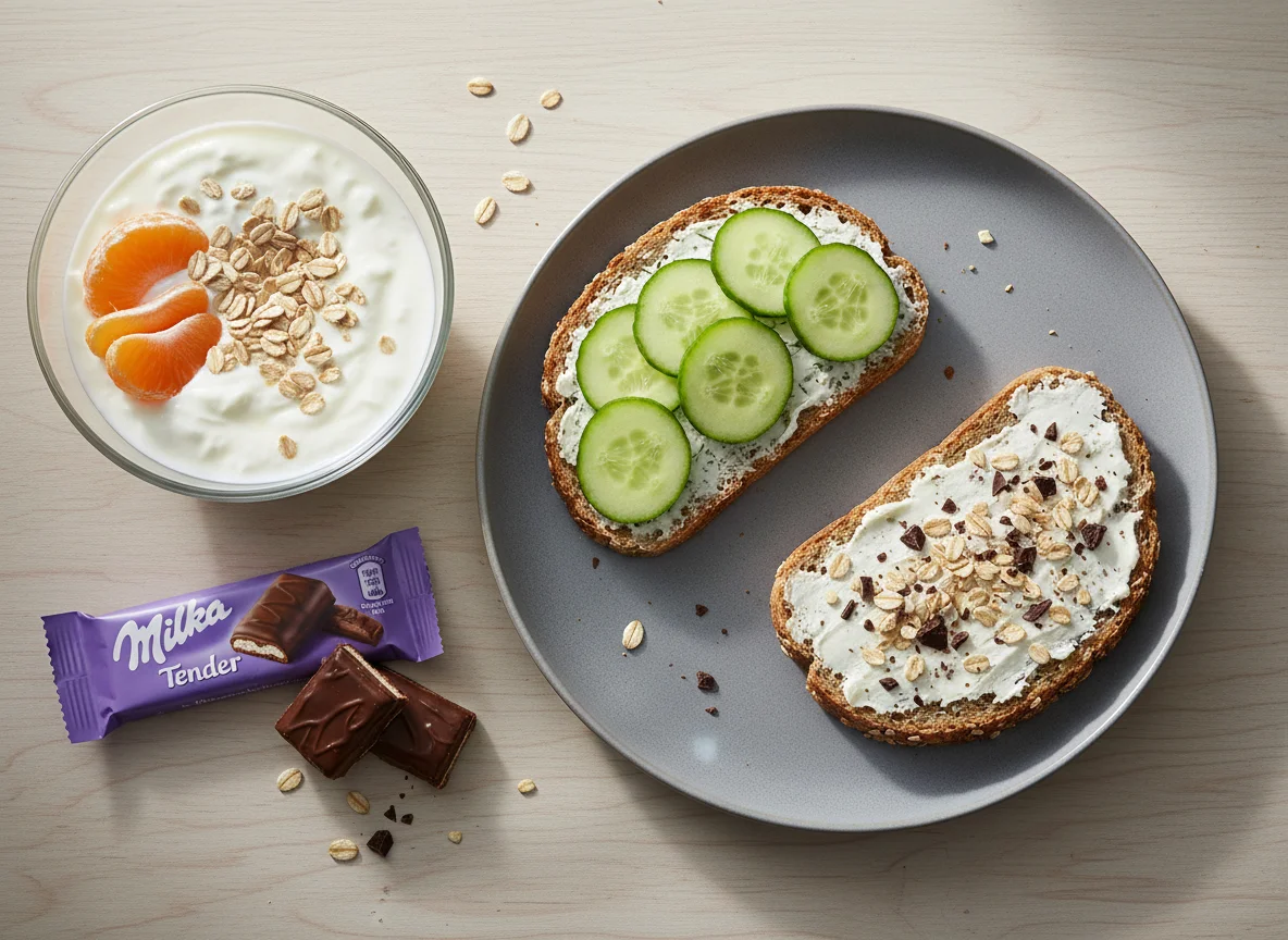 Frühstück mit belegten Broten, Joghurt und Schokoriegel photo