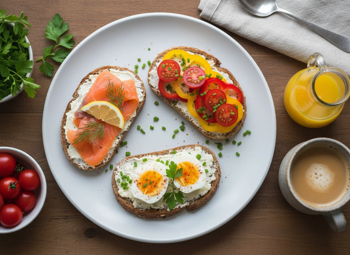 Frühstück mit belegten Broten, Lachs, Ei und Kaffee photo