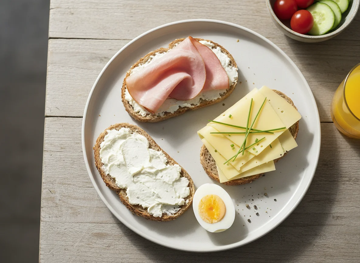 Frühstück mit belegten Broten und Ei photo