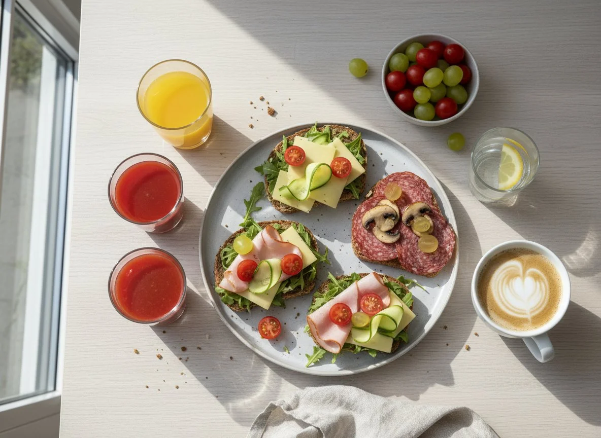 Frühstück mit belegten Broten und Getränken photo