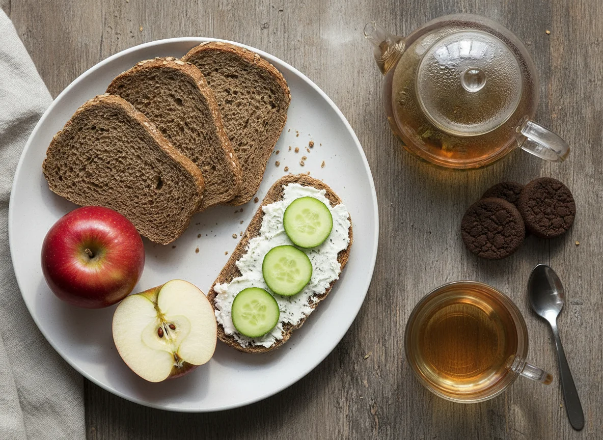 Frühstück mit Brot, Apfel und Tee photo