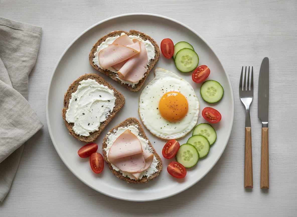 Frühstück mit Brot, Aufschnitt, Ei und Gemüse photo