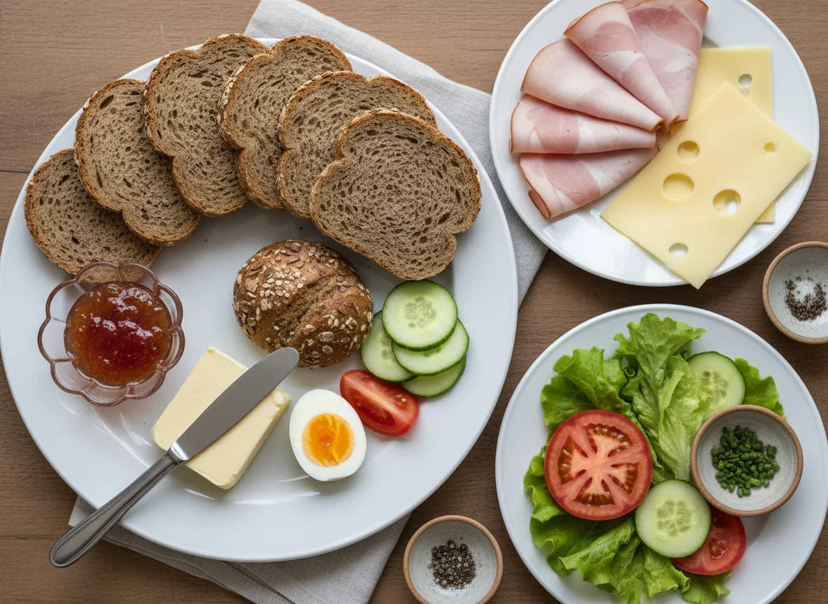 Frühstück mit Brot, Aufschnitt und Beilagen photo