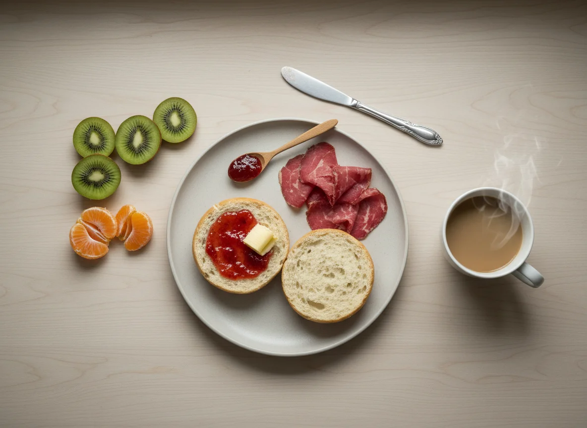 Frühstück mit Brot, Aufschnitt und Früchten photo