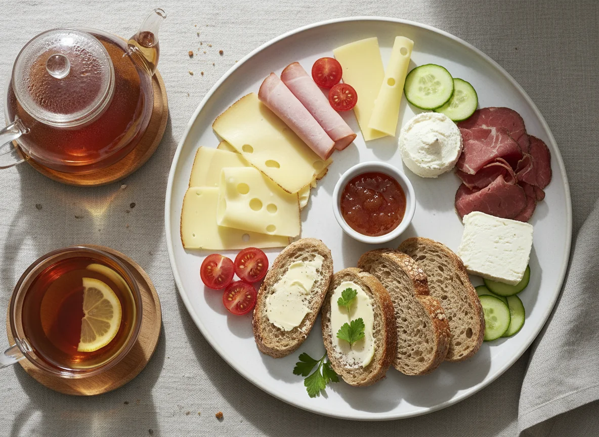 Frühstück mit Brot, Aufschnitt und Gemüse photo