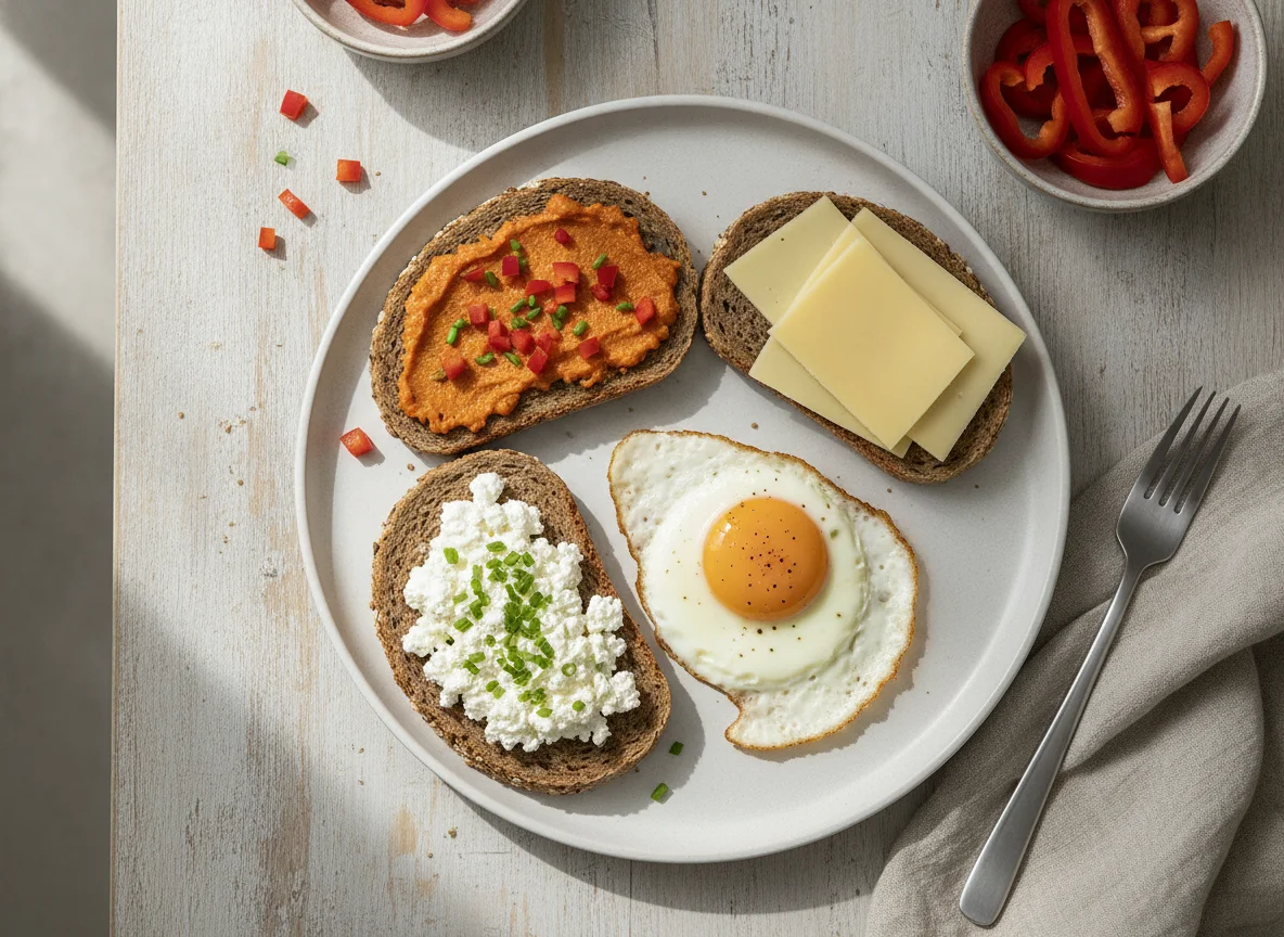 Frühstück mit Brot, Aufstrichen, Spiegelei und Paprika photo