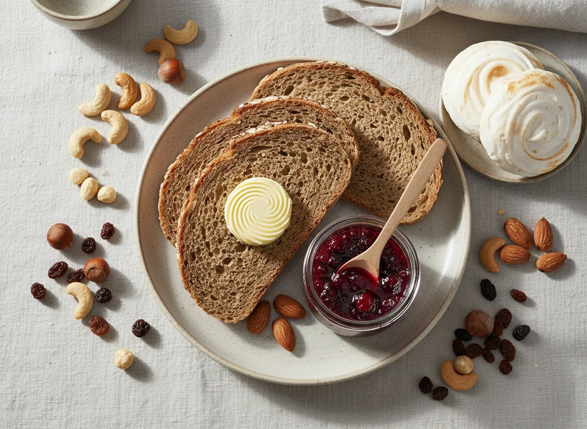 Frühstück mit Brot, Beerenmarmelade, Butter, Nüssen und Gebäck photo