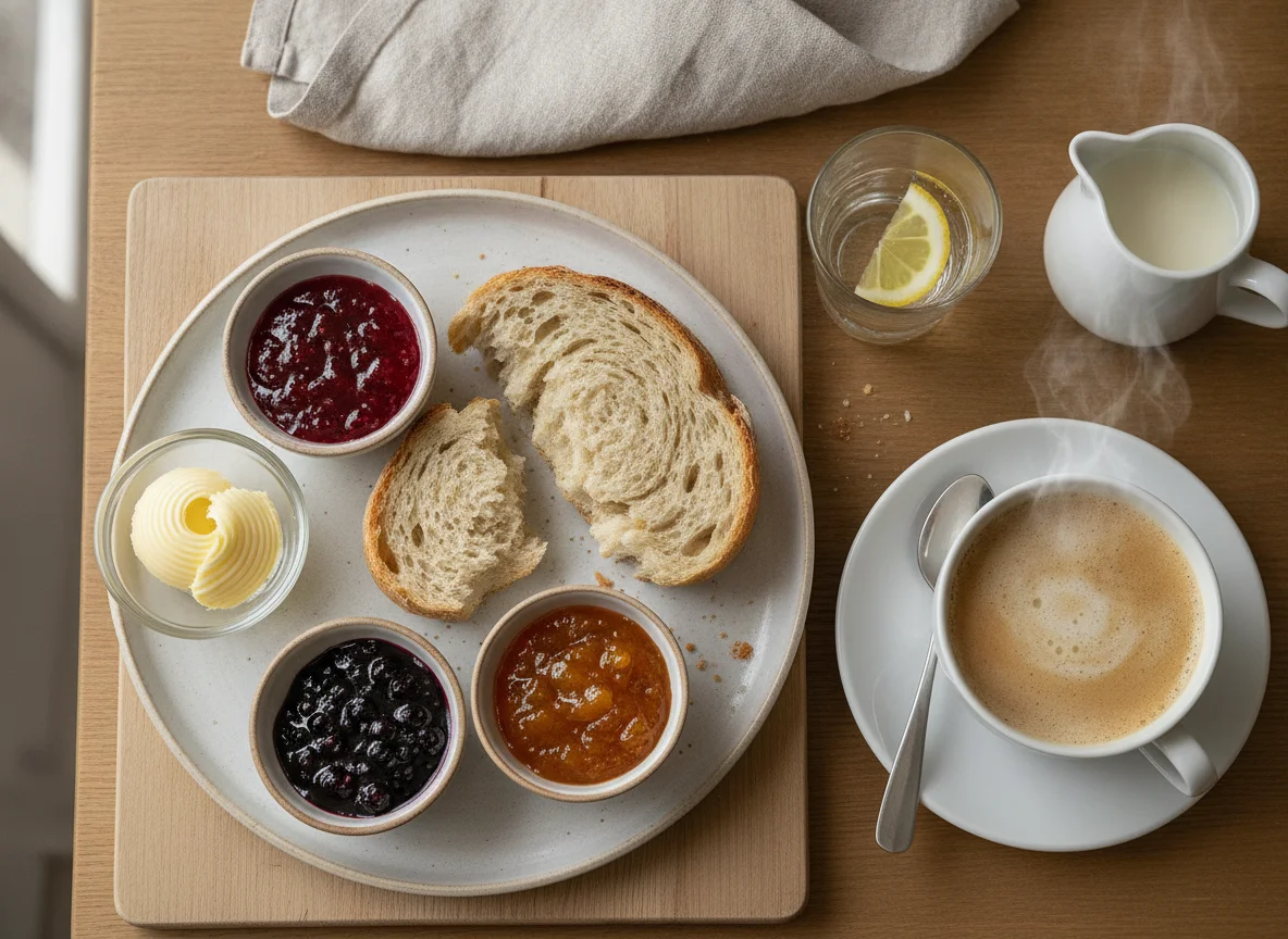 Frühstück mit Brot, Butter, Konfitüre und Kaffee photo