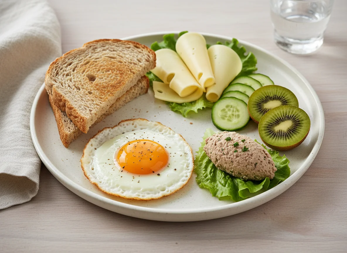 Frühstück mit Brot, Ei, Käse, Leberwurst, Gurke und Kiwi photo