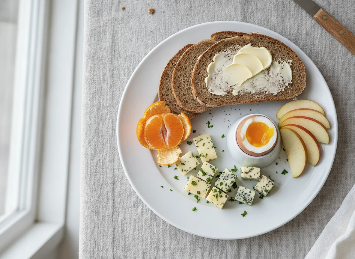 Frühstück mit Brot, Ei, Käse und Obst photo