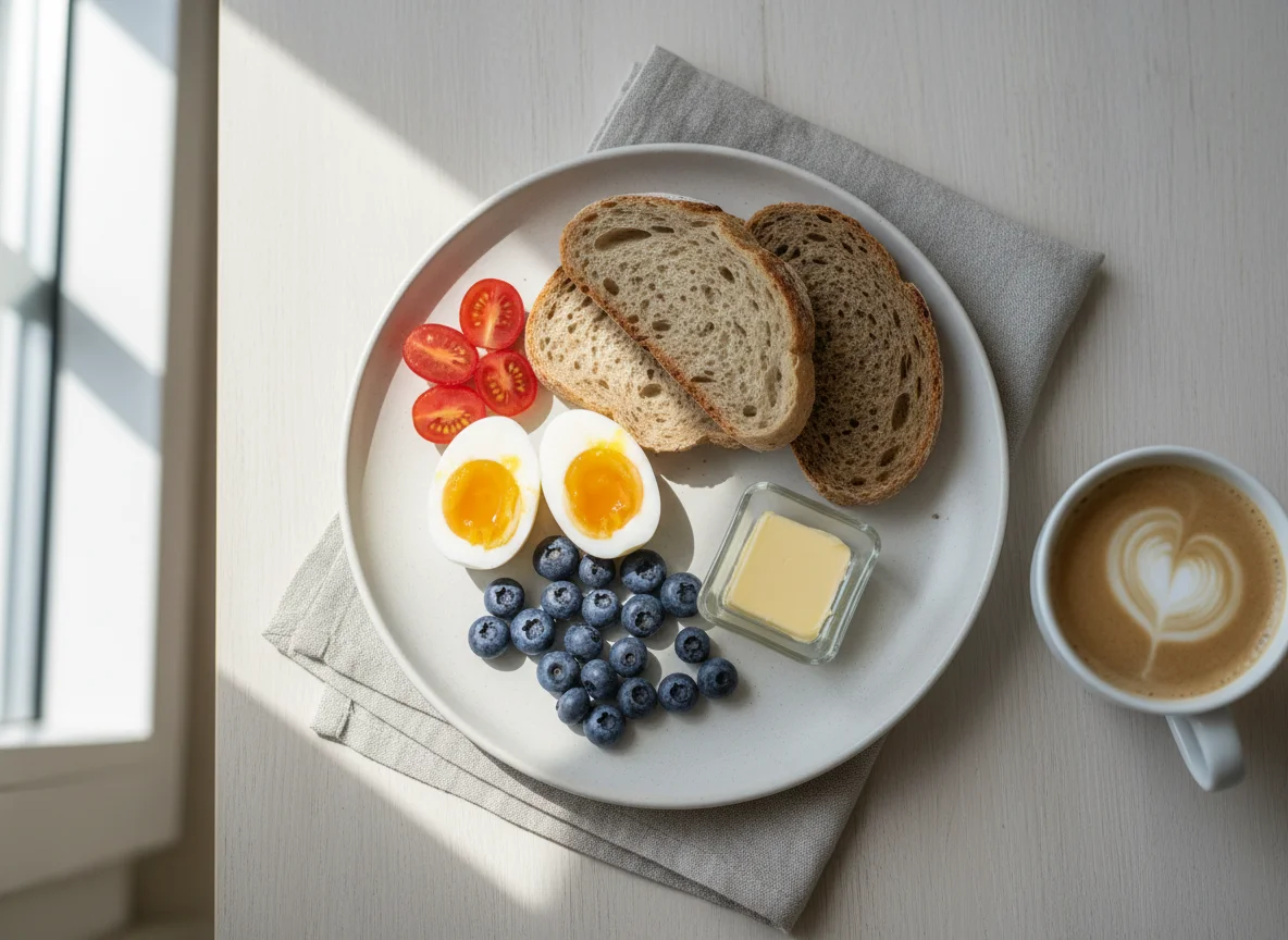 Frühstück mit Brot, Ei und Beeren photo