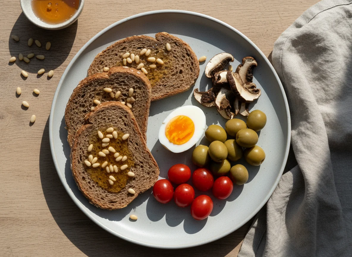 Frühstück mit Brot, Ei und Beilagen photo