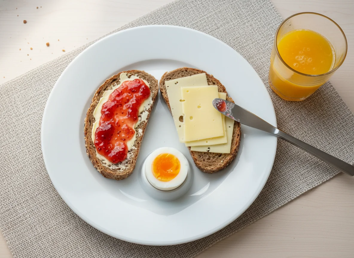 Frühstück mit Brot, Ei und Orangensaft photo