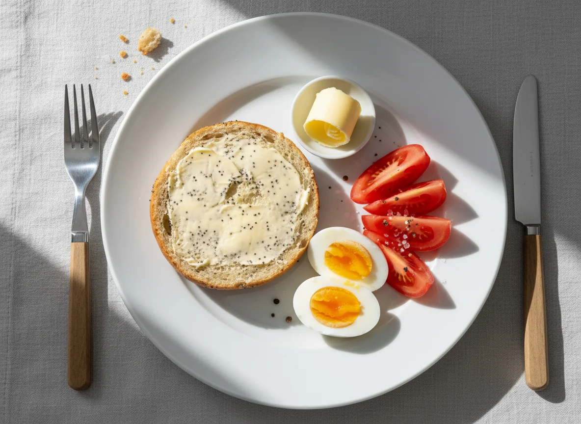 Frühstück mit Brot, Ei und Tomate photo