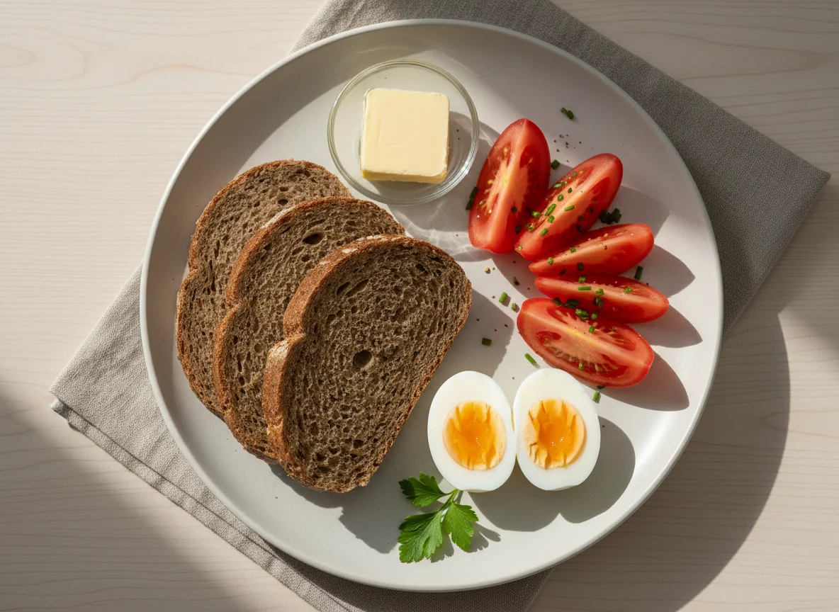 Frühstück mit Brot, Ei und Tomaten photo