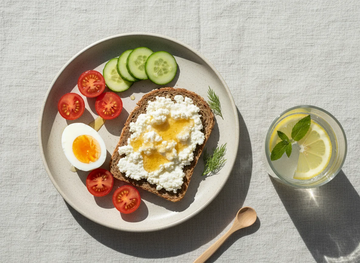 Frühstück mit Brot, Eiern und Gemüse photo