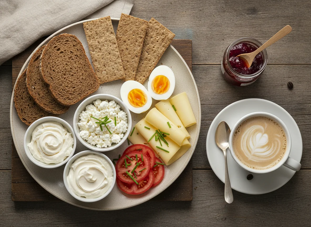Frühstück mit Brot, Eiern und Kaffee photo