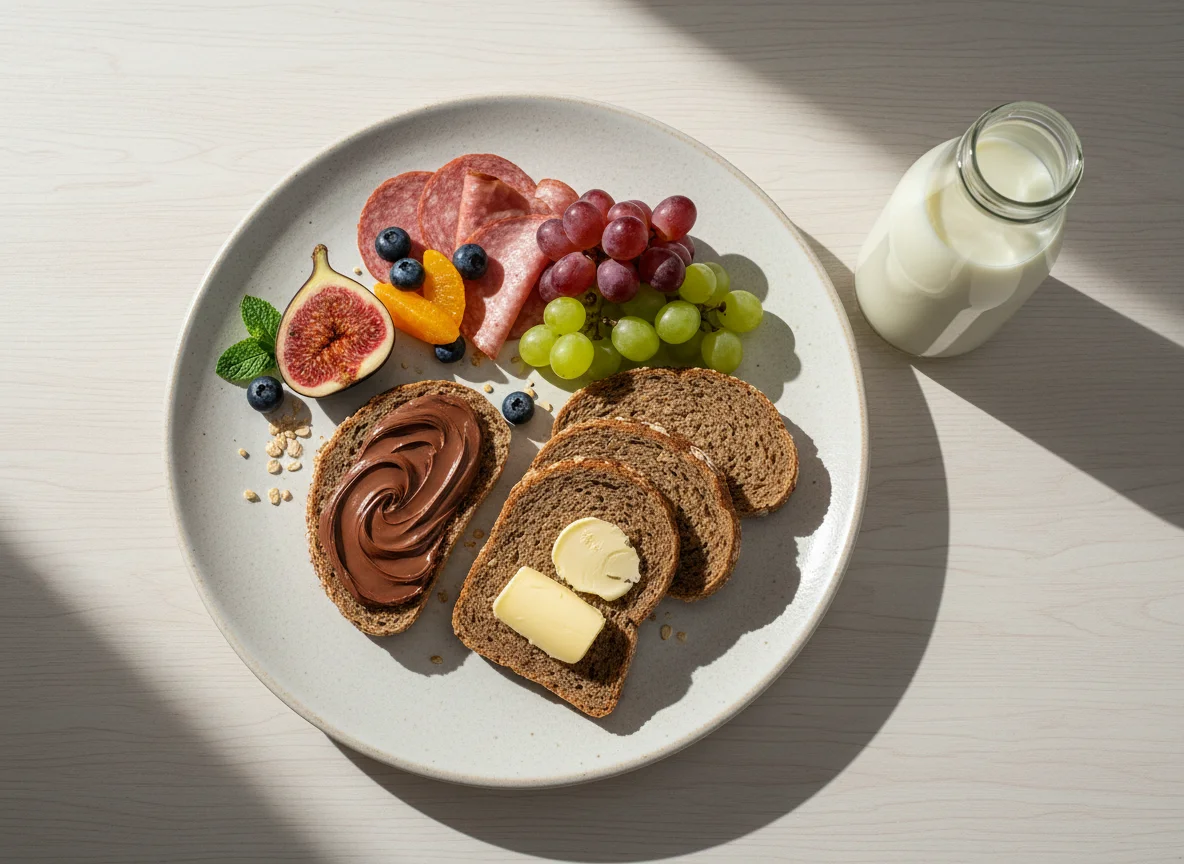 Frühstück mit Brot, Feige und Trauben photo