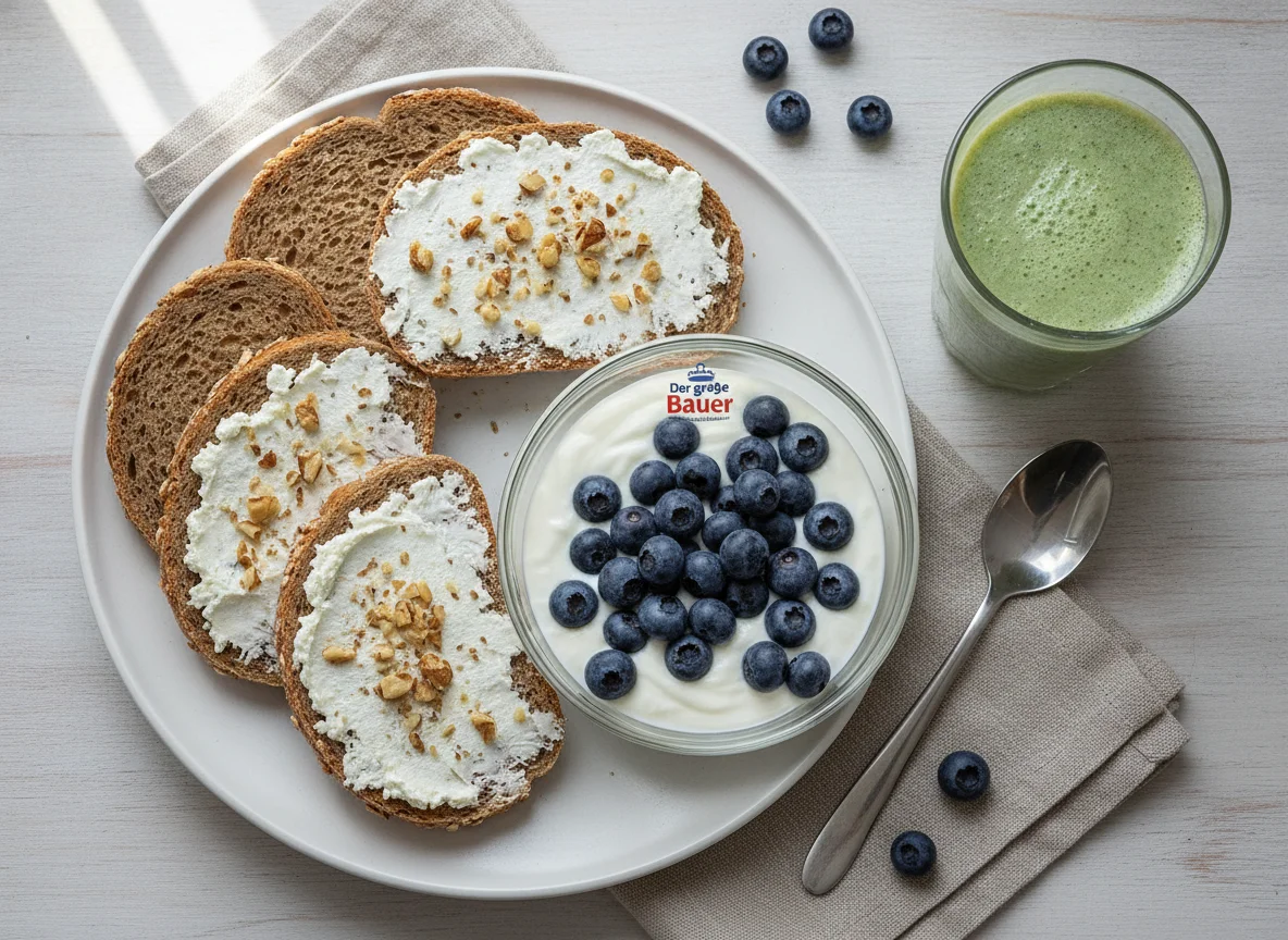 Frühstück mit Brot, Heidelbeeren, Joghurt und Smoothie photo