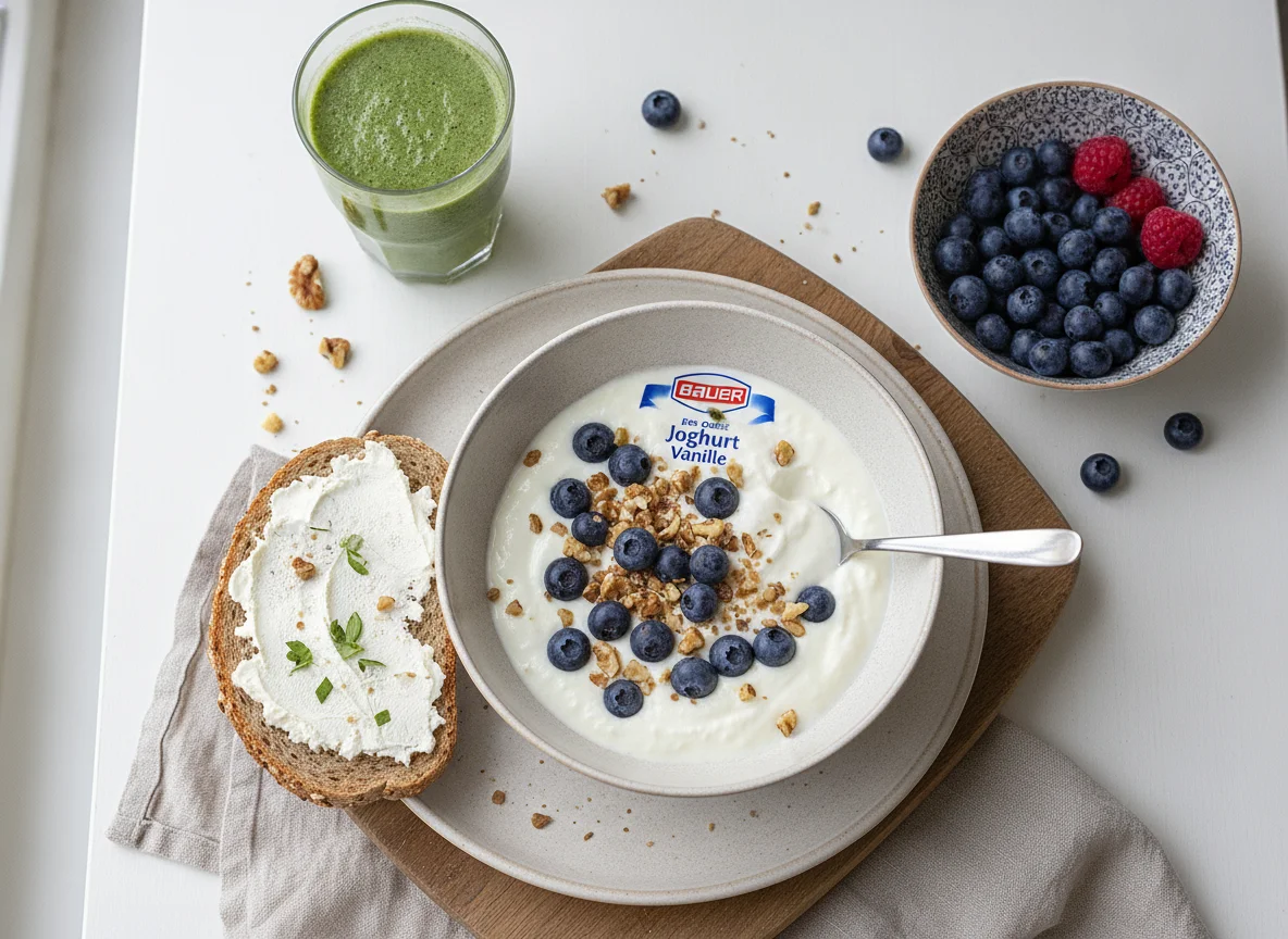 Frühstück mit Brot, Joghurt, Beeren und Smoothie photo