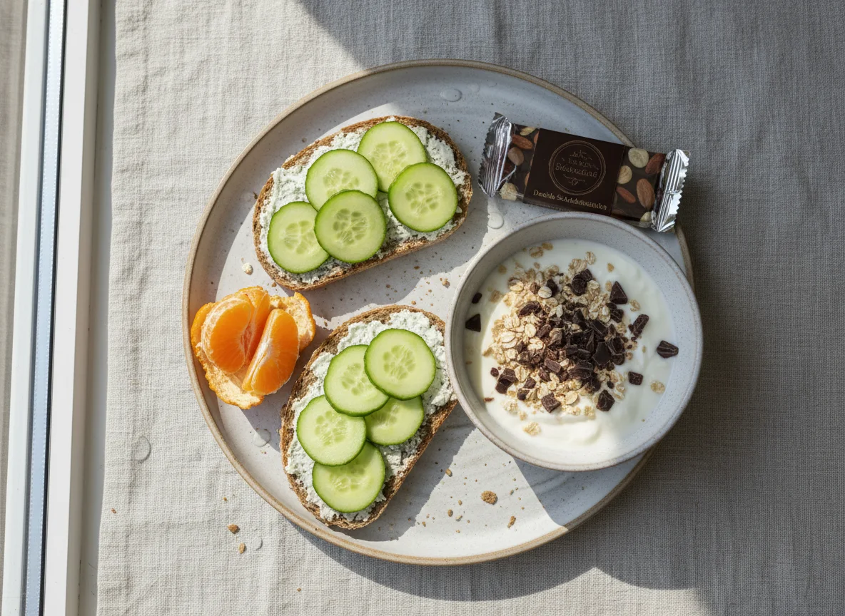 Frühstück mit Brot, Joghurt und Schokoriegel photo