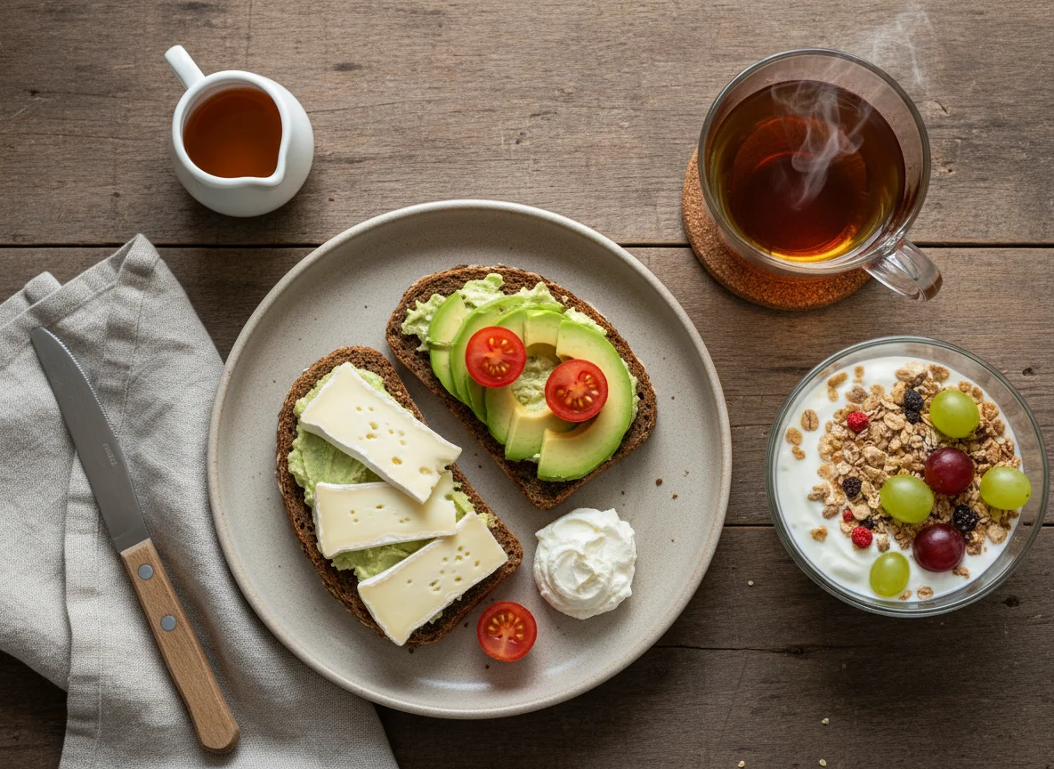 Frühstück mit Brot, Joghurt und Tee photo