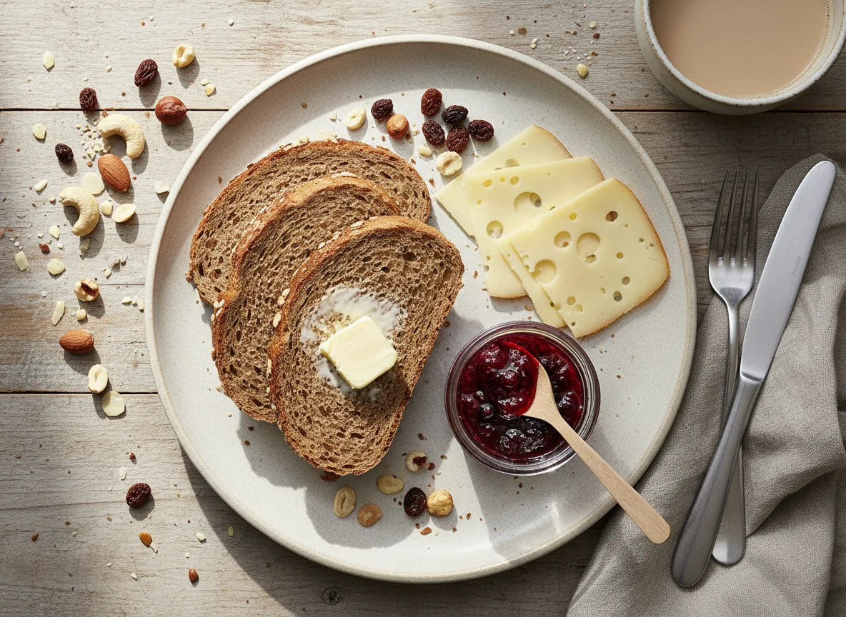 Frühstück mit Brot, Käse, Beerenmarmelade und Nüssen photo