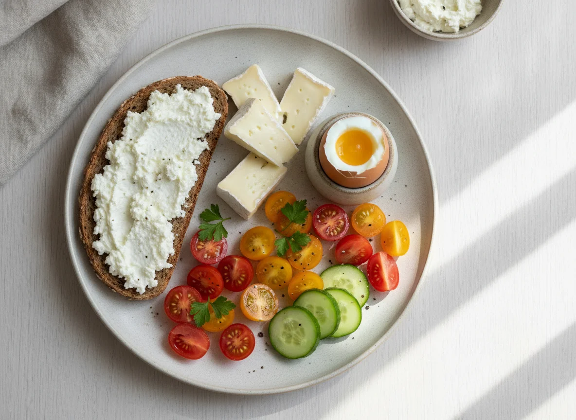 Frühstück mit Brot, Käse, Ei und Gemüse photo