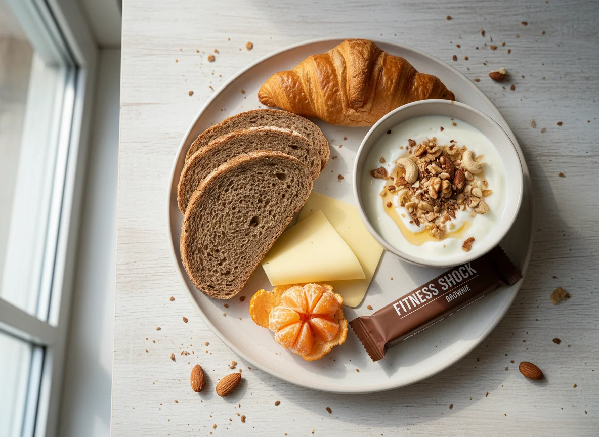 Frühstück mit Brot, Käse, Mandarine, Joghurt und Proteinriegel photo