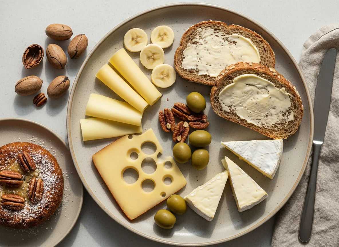 Frühstück mit Brot, Käse, Nüssen und Obst photo