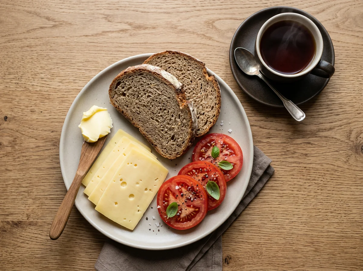 Frühstück mit Brot, Käse, Tomaten und Tee photo