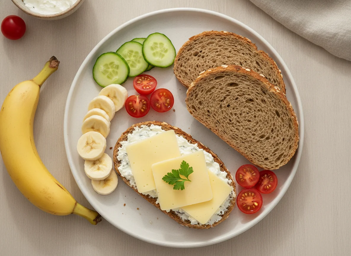Frühstück mit Brot, Käse und Banane photo