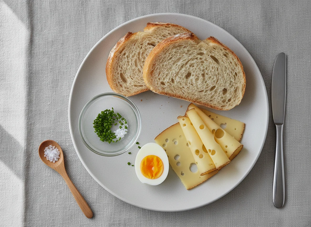 Frühstück mit Brot, Käse und Ei photo