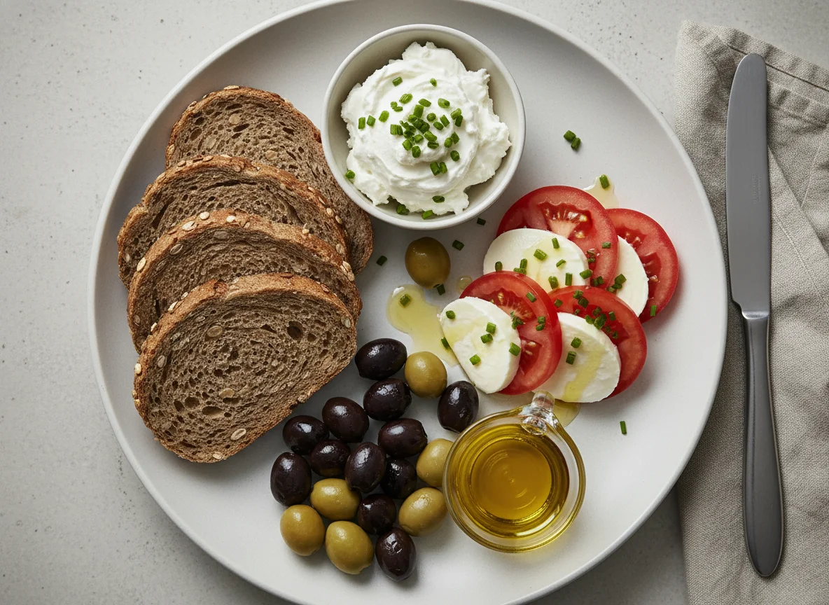 Frühstück mit Brot, Käse und Oliven photo