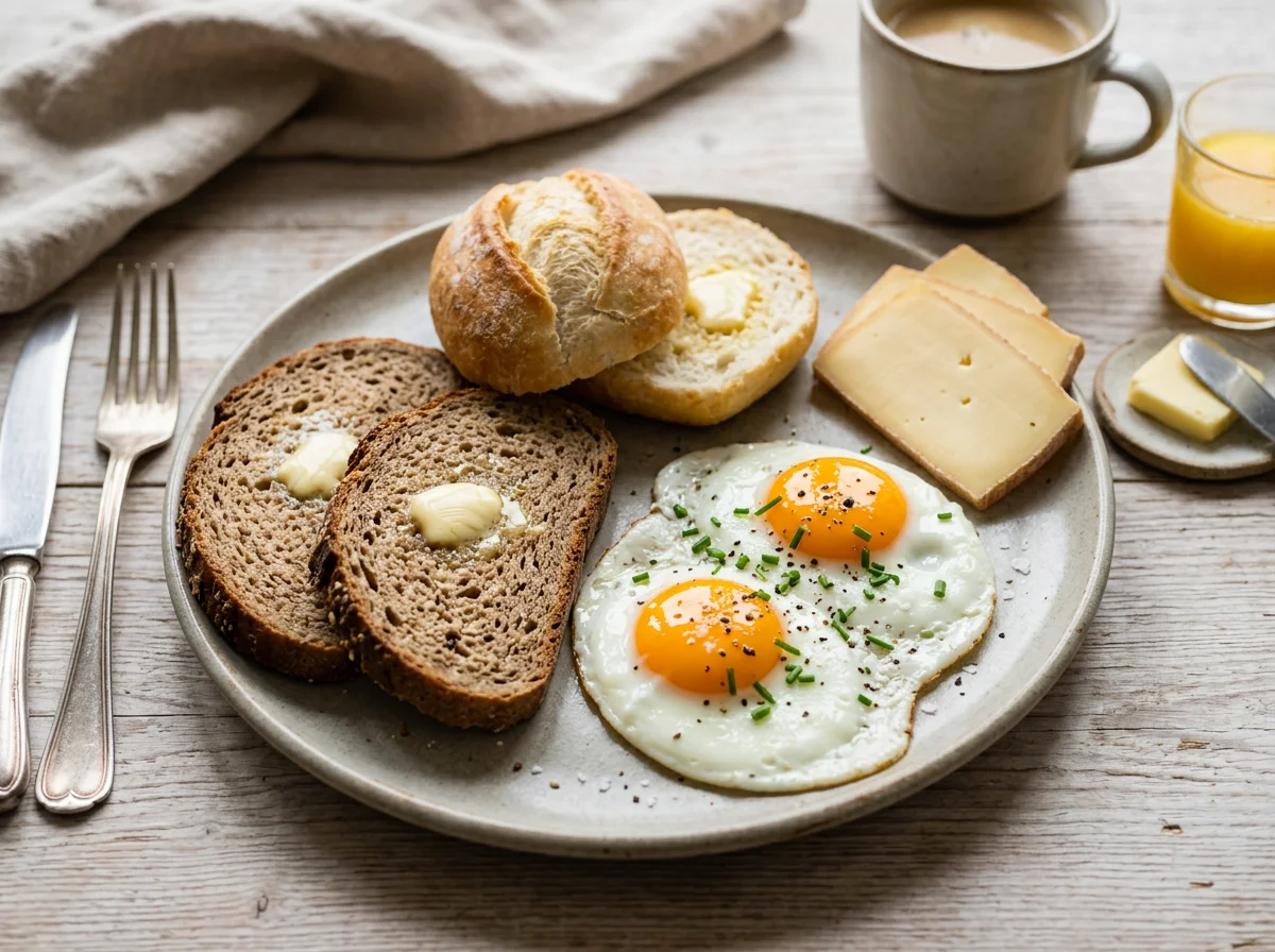 Frühstück mit Brot, Käse und Spiegelei photo