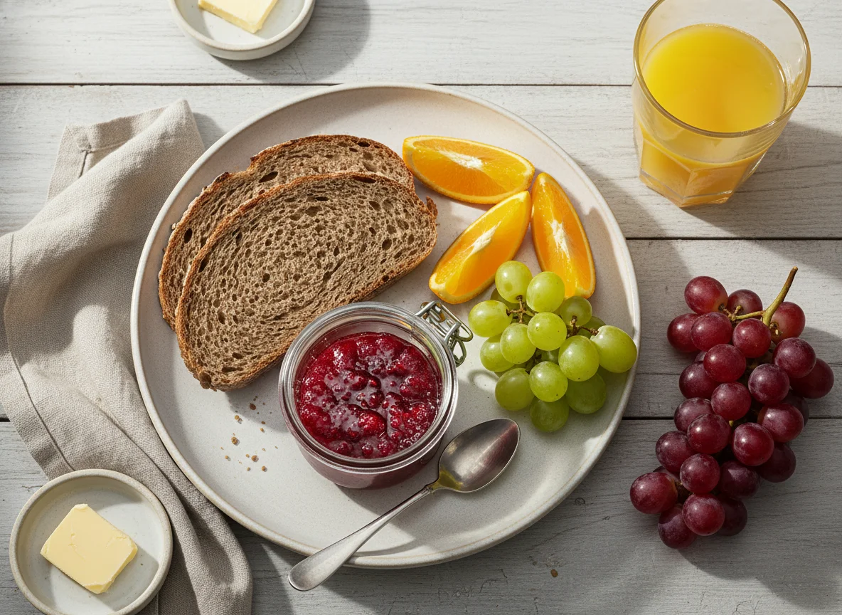 Frühstück mit Brot, Konfitüre, Obst und Getränken photo