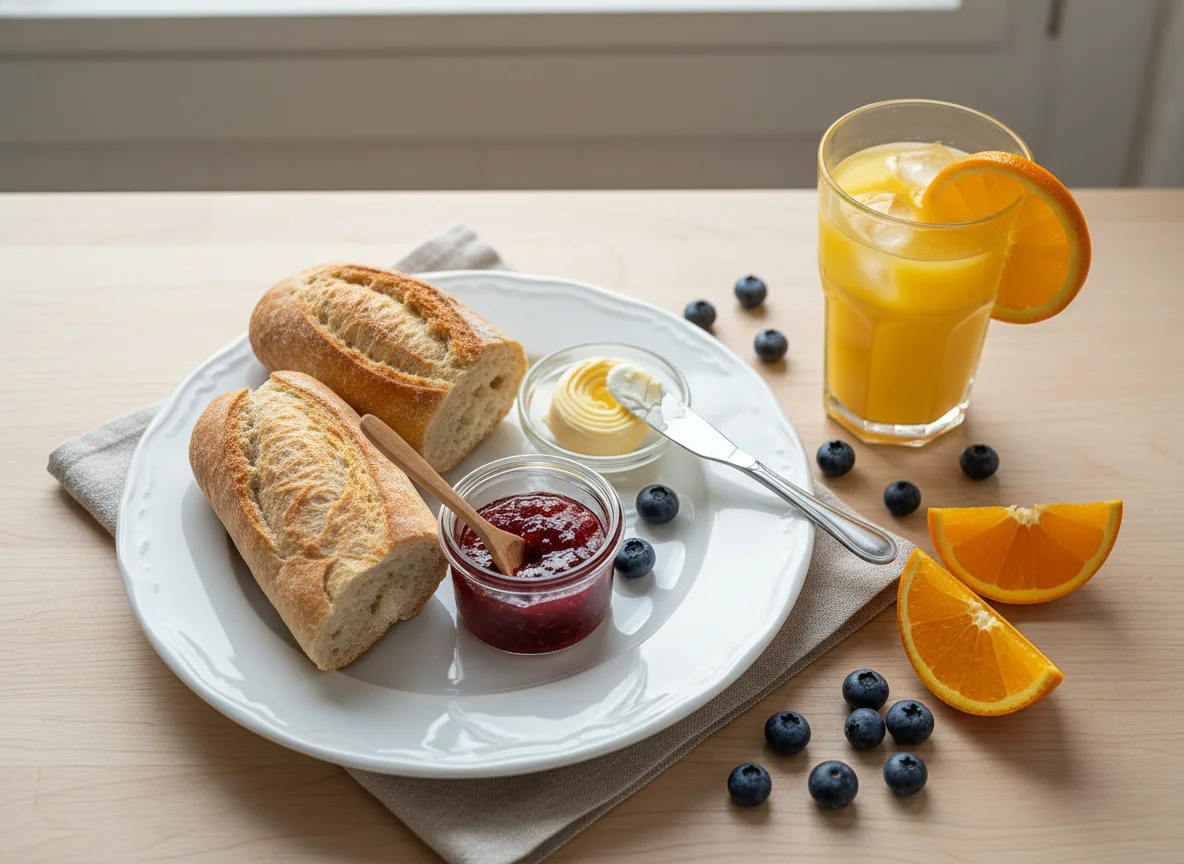 Frühstück mit Brot, Marmelade, Butter und Orangensaft photo