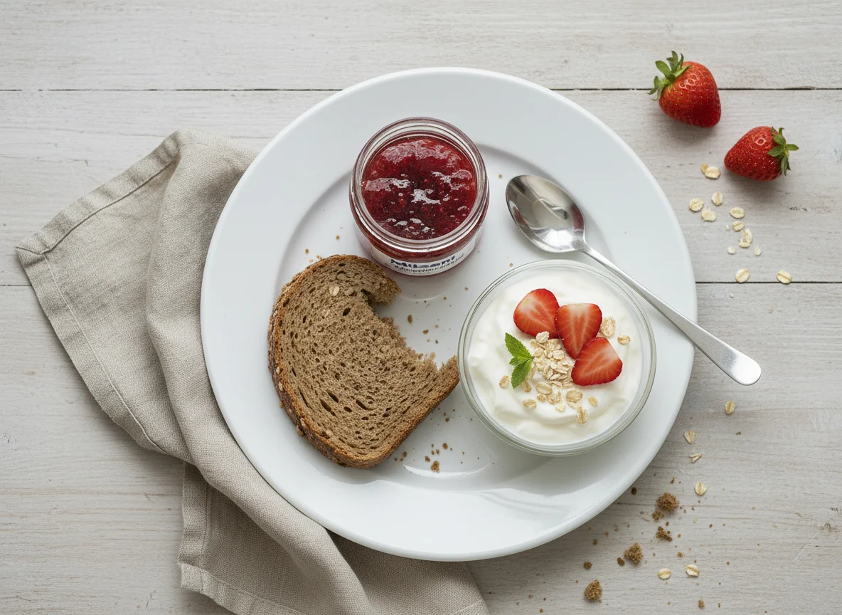 Frühstück mit Brot, Marmelade und Joghurt photo