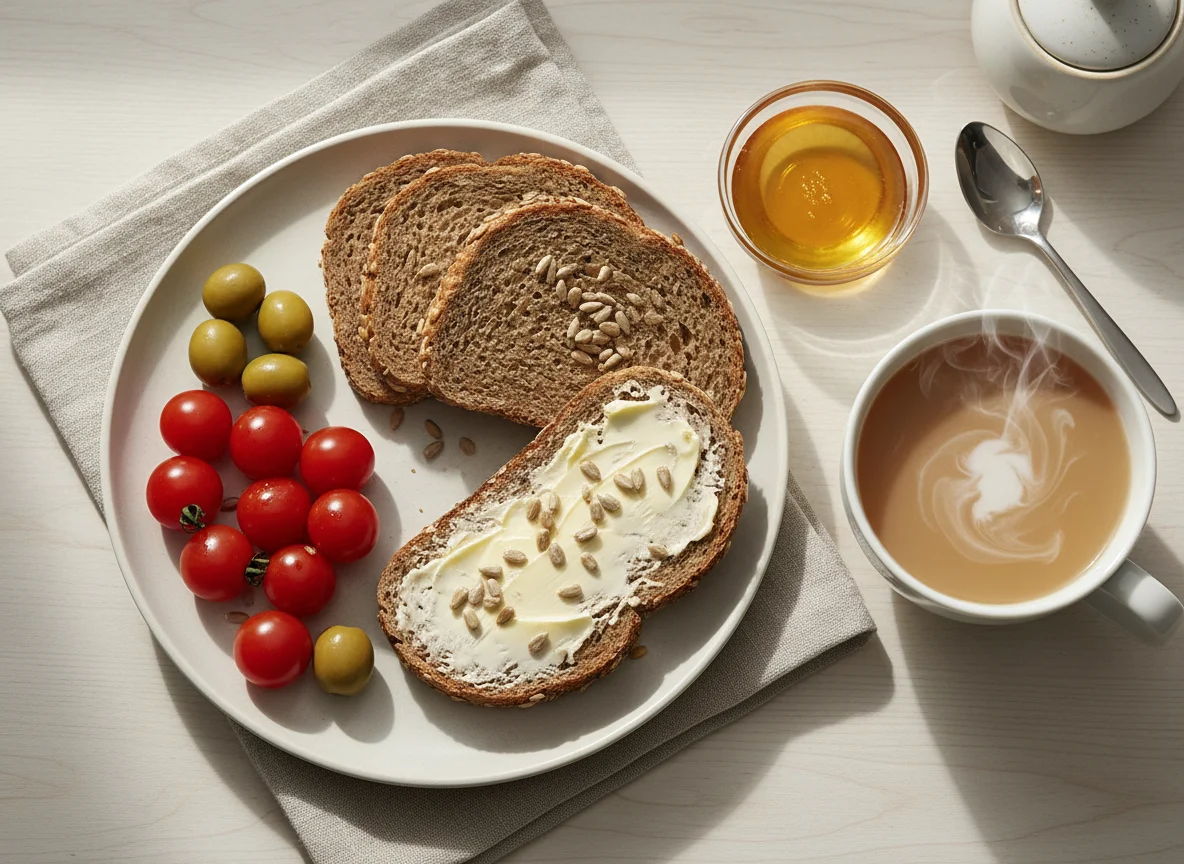 Frühstück mit Brot, Oliven, Tomaten und Tee photo