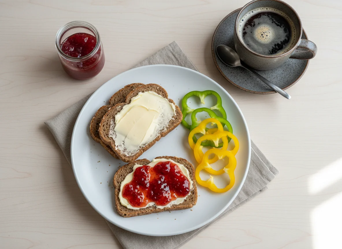 Frühstück mit Brot, Paprika und Kaffee photo