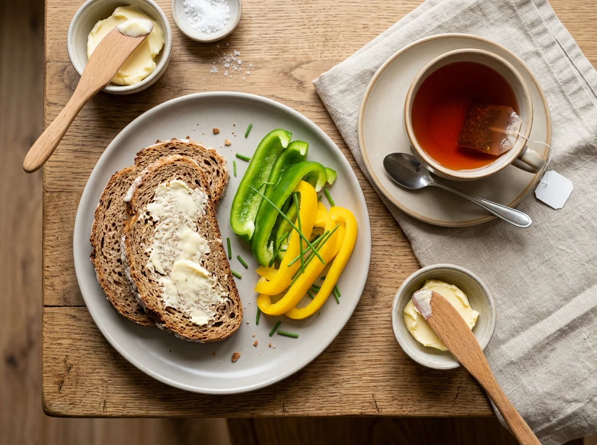 Frühstück mit Brot, Paprika und Tee photo