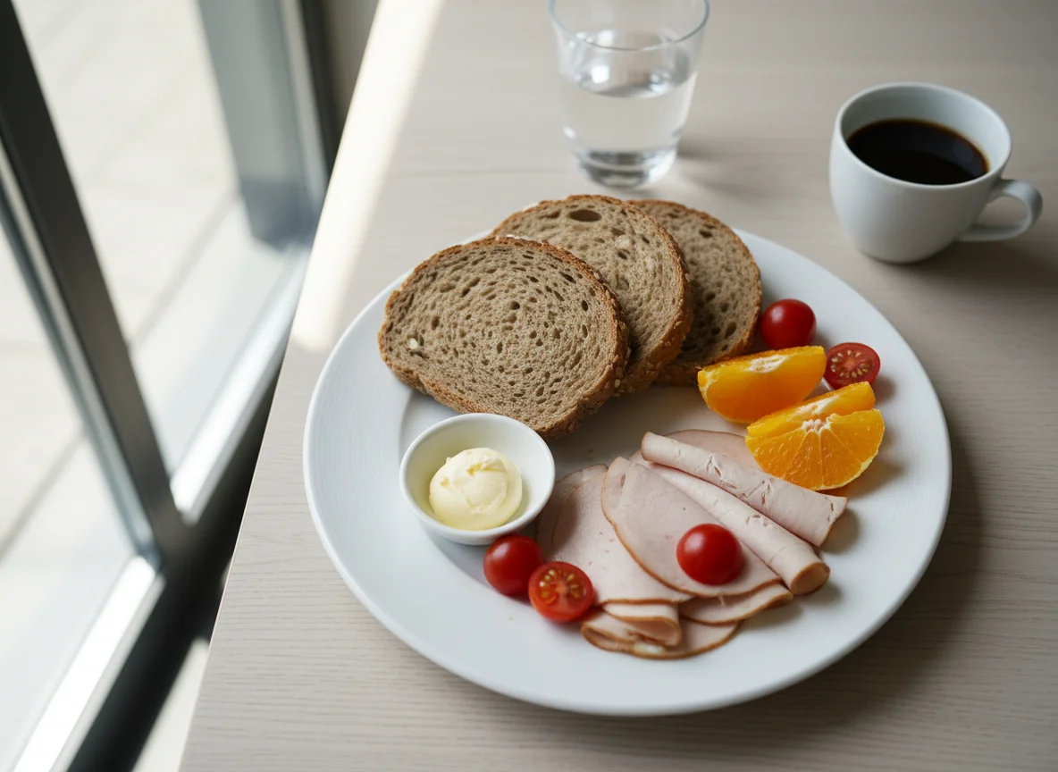 Frühstück mit Brot, Putenbrust, Orange und Tomaten photo